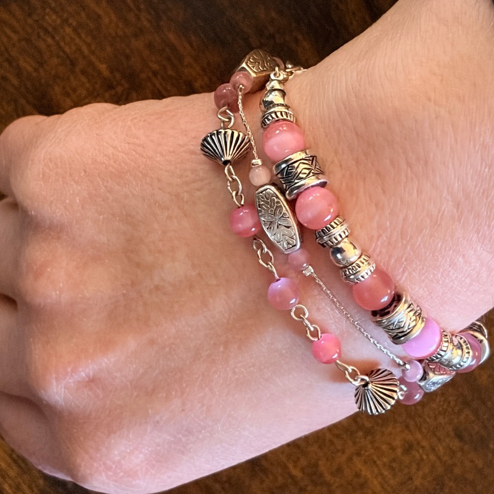 Pink‎ Cat Eye Bead Bracelet 3pc Layered Stack Boho Charm Lobster Clasp Bohemian